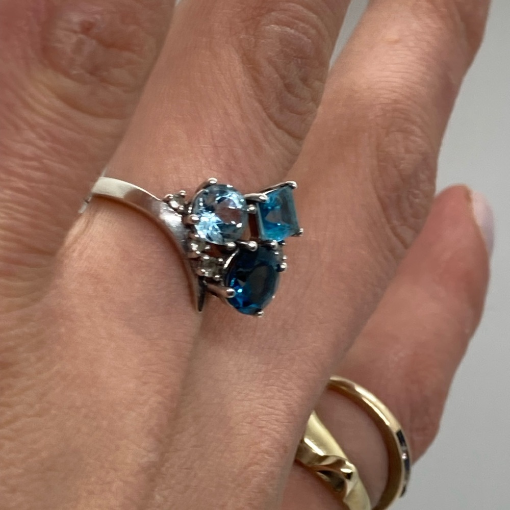 Vtg Sterling Topaz & Diamond Gemstone Cluster 925 Silver Ring | Sz 8.25 - Picture 11 of 16